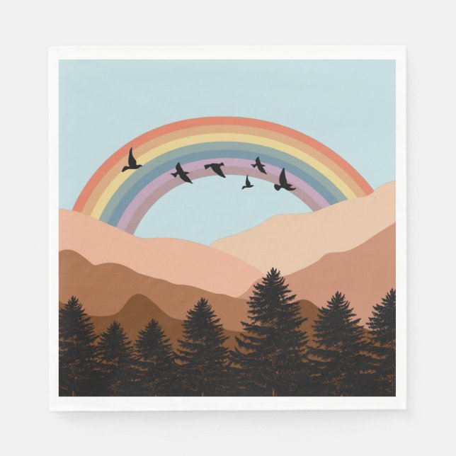 Abstract Landscape Forest Trees Rainbow & Birds Napkins (Front)