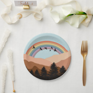 Abstract Landscape Forest Trees Rainbow & Birds  Paper Plates