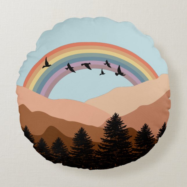 Abstract Landscape Forest Trees Rainbow & Birds  Round Pillow (Front)