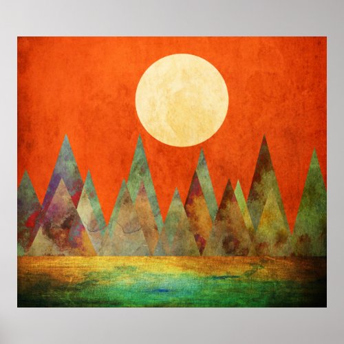 Abstract Landscape Full Moon Mountains Orange Sky Poster