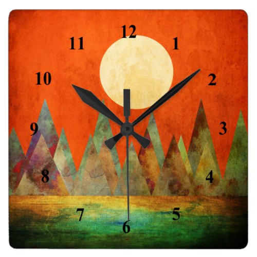 Abstract Landscape Full Moon Mountains Orange Sky Square Wall Clock