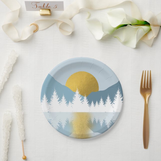 Abstract Landscape Golden Winter Sunset Sunrise Paper Plates (Wedding)
