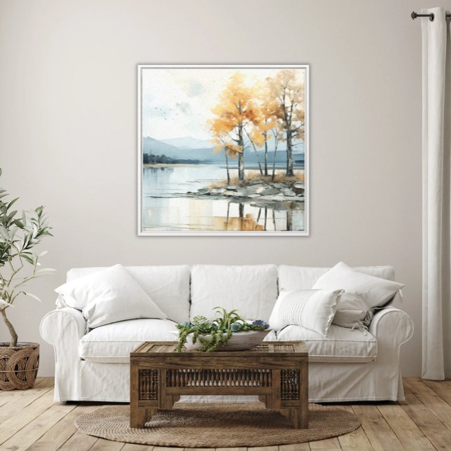 Abstract Landscape in Soft Blues and Golden Trees  Canvas Print (Framed Printed Canvas Soft Broad Stroke Watercolor Lake Scene with Golden Trees Distant Mountains)