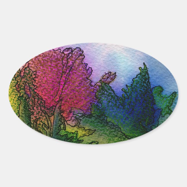 Abstract Landscape in Watercolors - Foggy Sunrise Oval Sticker (Front)
