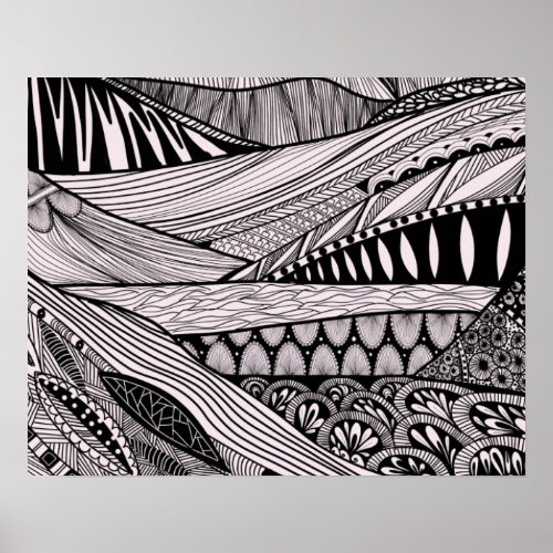 Abstract landscape lineart mountains and rivers poster