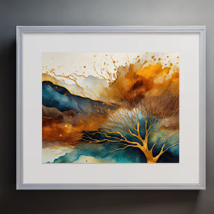 Abstract Landscape Painting Gold Rust Blue Poster