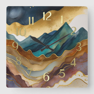 Abstract Landscape Painting Gold Rust Blue Square Wall Clock