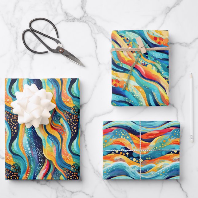 Abstract Landscape with Vibrant Waves and Playful  Wrapping Paper Sheets (Front)