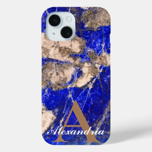 Abstract Lapis Lazuli Blue Granite monogram iPhone 15 Case