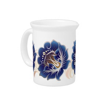 Abstract Large Dark Blue Flowers Light Pink Leaves Drink Pitcher by LilithDeAnu at Zazzle