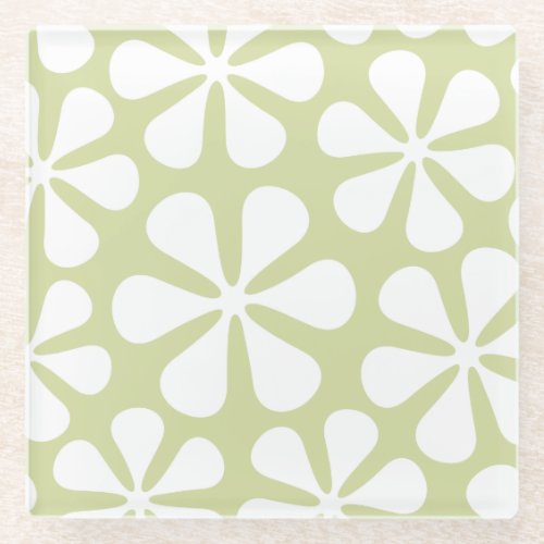 Abstract Large Flowers White on Lime Glass Coaster