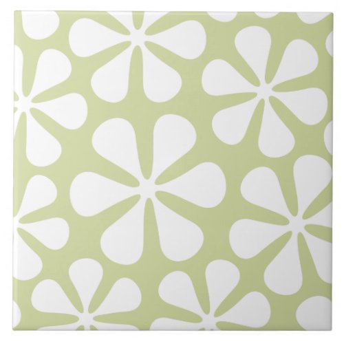 Abstract Large Flowers White on Lime Tile