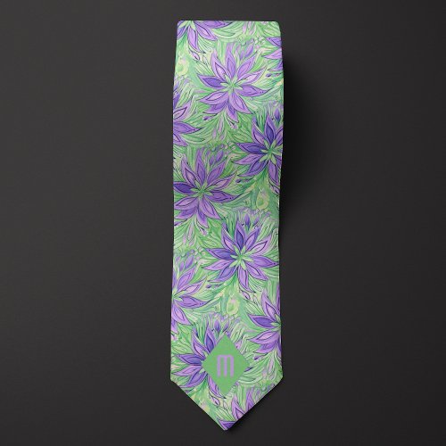 Abstract Lavender and Lime Green Floral Neck Tie