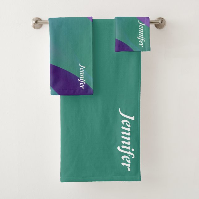 Abstract  lavender  turquoise violet with name bath towel set (Insitu)