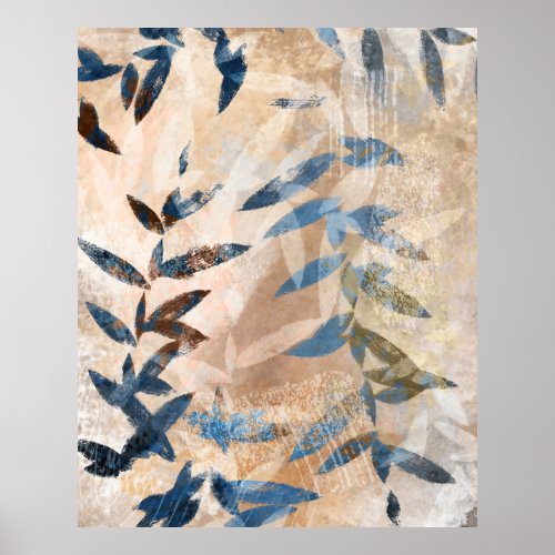 Abstract Layered Leaves _ Blue and Neutral Poster