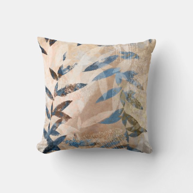 Abstract Layered Leaves - Blue and Neutral Throw Pillow (Front)