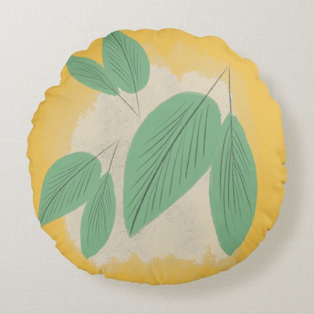 Abstract Leaves Greenery Yellow Illustration Round Pillow (Front)