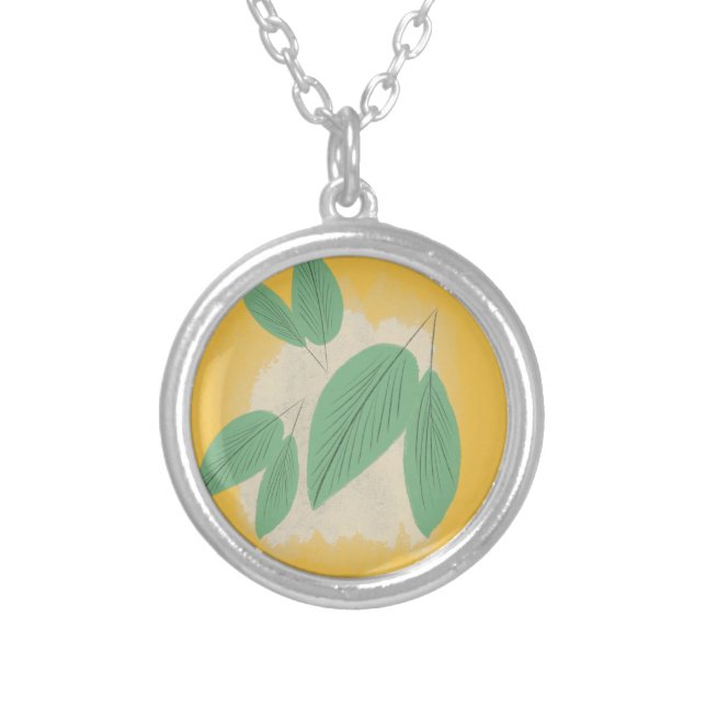 Abstract Leaves Greenery Yellow Illustration Silver Plated Necklace (Front)