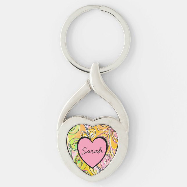 Abstract leaves heart pink gold green custom name keychain (Front)