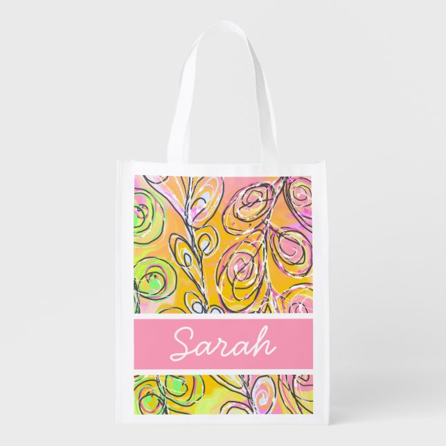 Abstract leaves pink gold green and custom name grocery bag (Front)