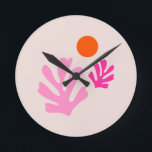 Abstract Leaves Pink Orange Modern Shapes Cut Outs Round Clock<br><div class="desc">Modern abstract leaves and sun - Cut outs shapes in pink and orange.</div>
