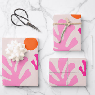 Abstract Leaves Pink Orange Modern Shapes Cut Outs Wrapping Paper Sheets