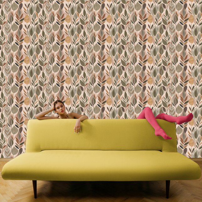 Abstract Leaves Sage, Mustard Neutral Peel & Stick Wallpaper (Creator Uploaded)