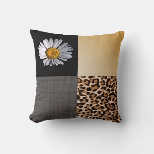 Abstract Leopard Print Daisy Flower Patchwork Throw Pillow