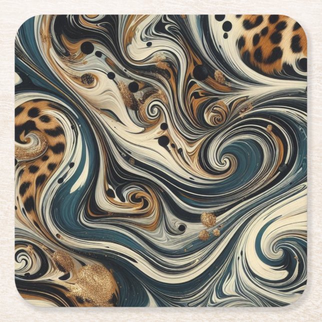 Abstract Leopard Print Swirl Square Paper Coaster (Front)