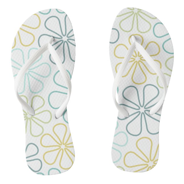 Abstract Lg Flowers Teals Yellow Lime White Flip Flops (Footbed)