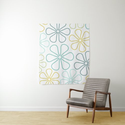 Abstract Lg Flowers Teals Yellow Lime White Tapestry