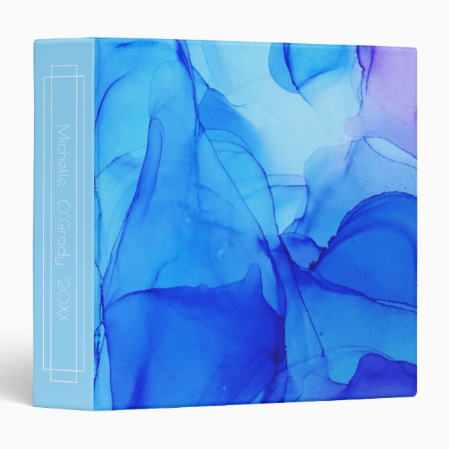 Abstract Light Blue Indigo Custom Alcohol Ink 3 Ring Binder (Front/Spine)