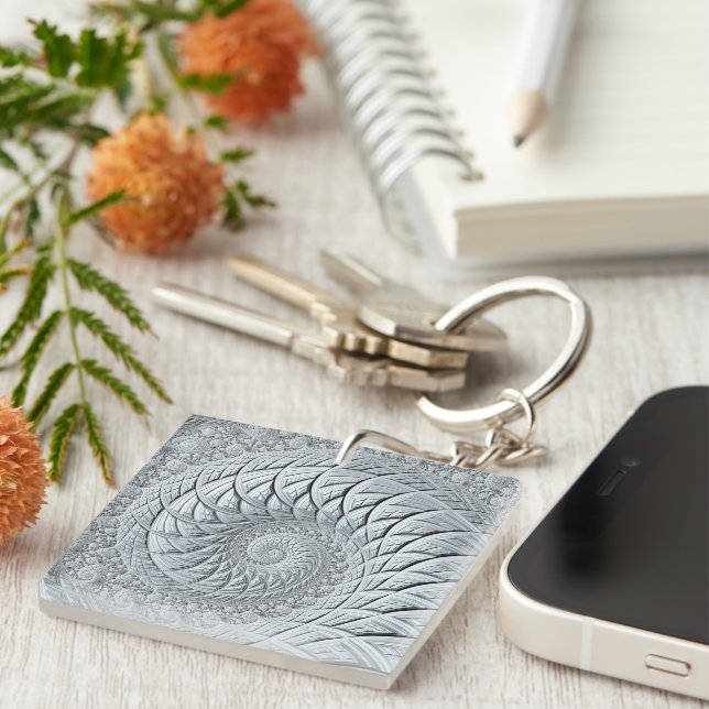 Abstract Light Gray Spiral Fractal Keychain (Front Right)