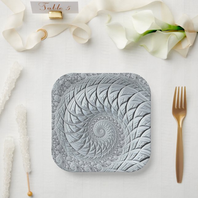 Abstract Light Gray Spiral Fractal Paper Plates (Wedding)