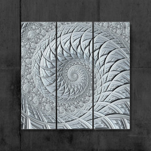 Abstract Light Gray Spiral Fractal Triptych