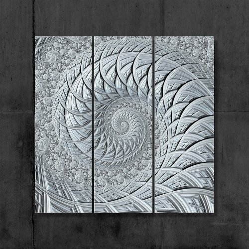 Abstract Light Gray Spiral Fractal Triptych