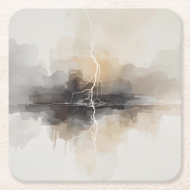 Abstract Lightning in Neutrals Print Square Paper Coaster (Front)