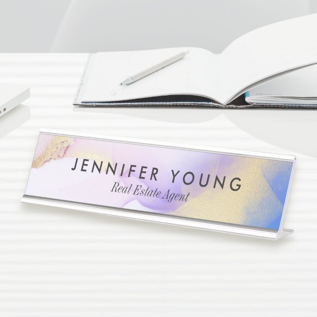 Abstract Lilac Watercolor Gold Luxury Customized Desk Name Plate (Creator Uploaded)