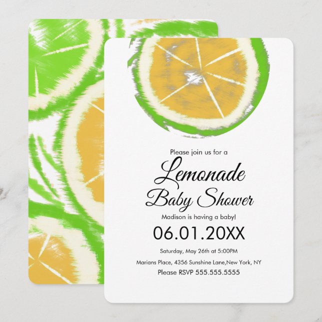Abstract Lime Citrus Yellow Lemonade Baby Shower Invitation (Front/Back)