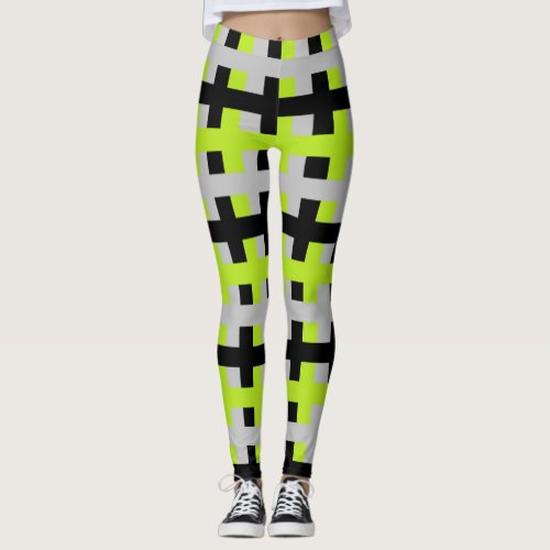 Abstract Lime Green Silver and Black Leggings