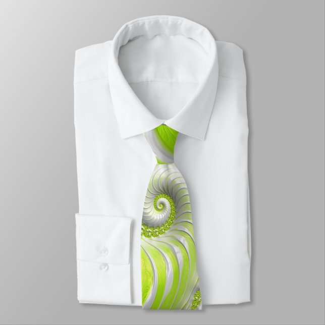 Abstract Lime Green Spiral Fractal Neck Tie (Tied)
