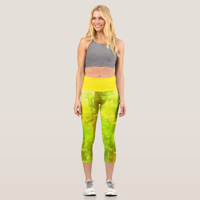 Abstract Lime Green & Yellow Capri Leggings (Front)