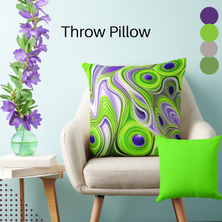 Abstract Lime Green, Yellows, and Purple Swirls Throw Pillow