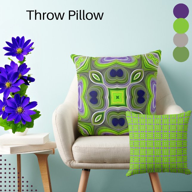 Abstract  Lime Green, Yellows, and Purple Swirls Throw Pillow (Creator Uploaded)