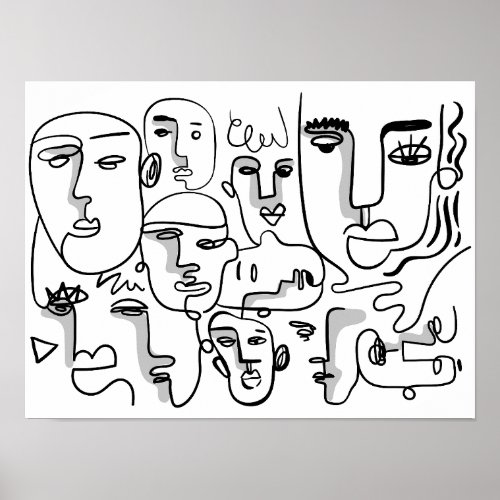 Abstract Line Art Abstract Faces Drawing Poster