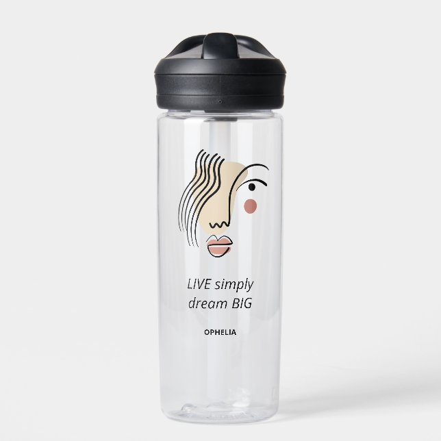 Abstract Line Art Face Live Simply Dream Big Name Water Bottle (Front)
