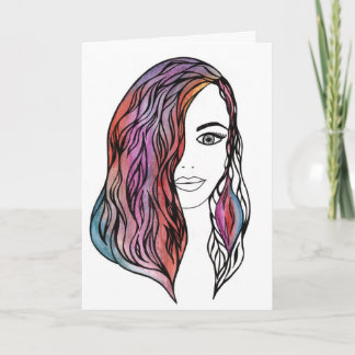 Abstract Line Art Female Face Colorful Hair Fashio Card