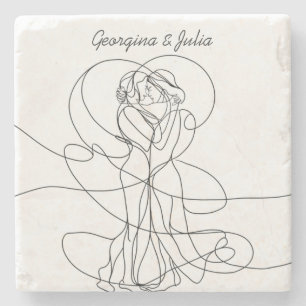 Abstract Line Art of Lesbian Couple With Names Stone Coaster