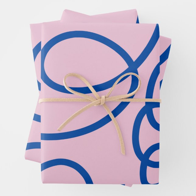 Abstract Line Art Retro Pink And Blue Wrapping Paper Sheets (In situ)