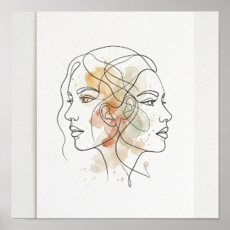 Abstract Line Art Two Faces Square Poster